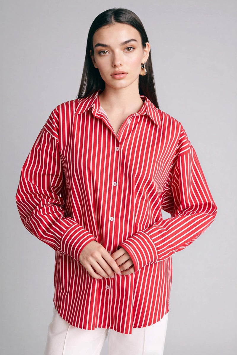 DeFacto Red Woman Oversize Fit Striped Poplin Shirt Casual - Image 4